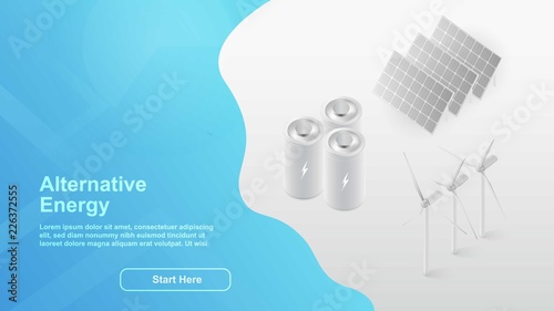 Alternative energy. Solar, wind power. Web page concept for your design. 3d isometric concept landing page