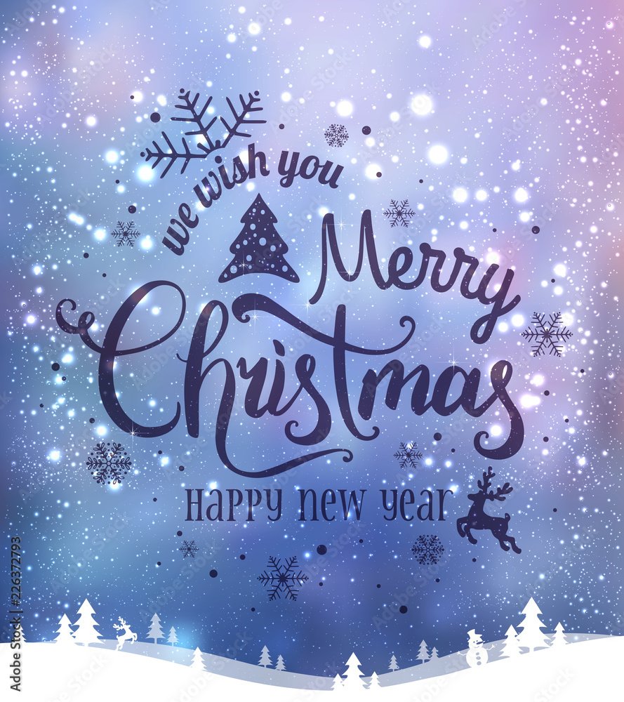 Naklejka premium Christmas and New Year typographical on background with winter landscape with snowflakes, light, stars. Xmas card.