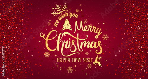 Christmas 2017 and New Year typographical on red background with gold firework. Xmas card. Vector Illustration