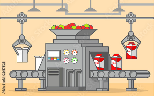 Conveyer belt factory of a box fruit drink.Freshly squeezed apple juice.Food factory machine.Line art flat vector.