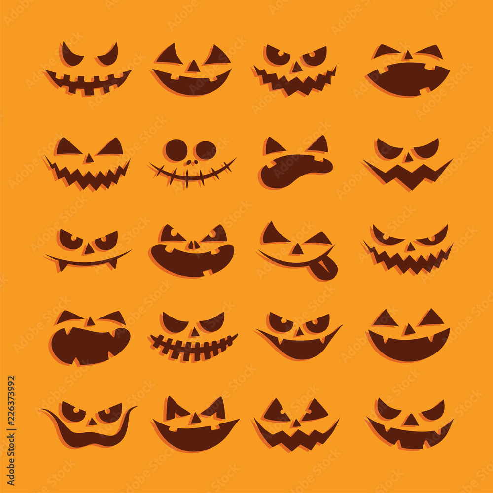 Vector halloween funny and scary face icon set. Pumpkin dark silhouette. Flat design symbol collection. Simple graphic pictogram pack. Web, banner, card, business logo concept. Illustration. Vector halloween funny and scary face icon set. Pumpkin dark silhouette. Flat design symbol collection. Simple graphic pictogram pack. Web, banner, card, business logo concept. Illustration.