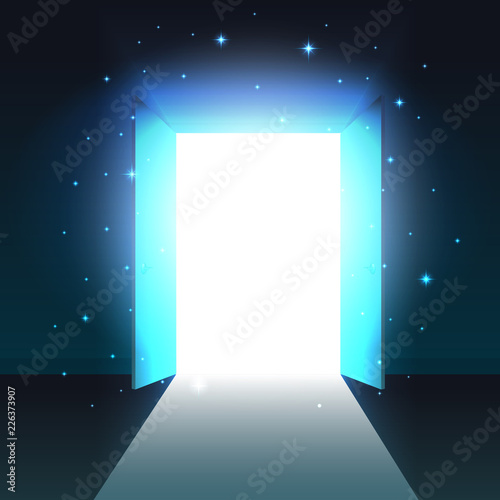 Mystical light from the open door of a dark room, abstract glowing exit, background, open double door template, mock up