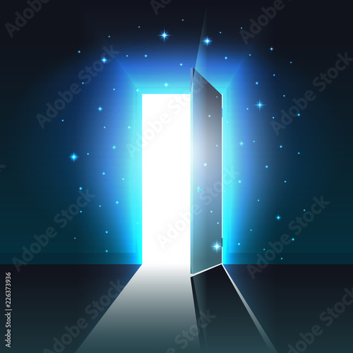 Mystical light from the open door of a dark room  abstract glowing exit  background  open door template  mock up