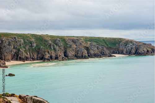 View over Porthcurno Beach and  Pedn Vounder beach seen from Minack Open Air Theatre, Cornwall, England, UK photo