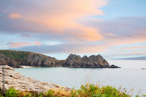 View over Pedn Vounder beach and Logan Rock seen from Minack Open Air Theatre; Cornwall; England; UK