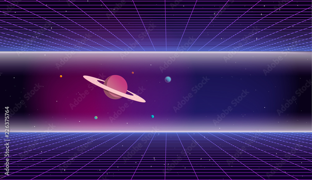 Fototapeta premium Retro futuristic background 1980s style. 80s retro sci-fi background. Bright abstract retro background made in 80s style. Digital landscape in a cyber world with neon grids in vintage style. Space