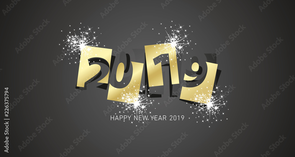 New Year 2019 firework spark design negative space numbers gold black background