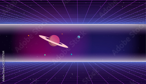 Retro futuristic background 1980s style. 80s retro sci-fi background. Bright abstract retro background made in 80s style. Digital landscape in a cyber world with neon grids in vintage style. Space