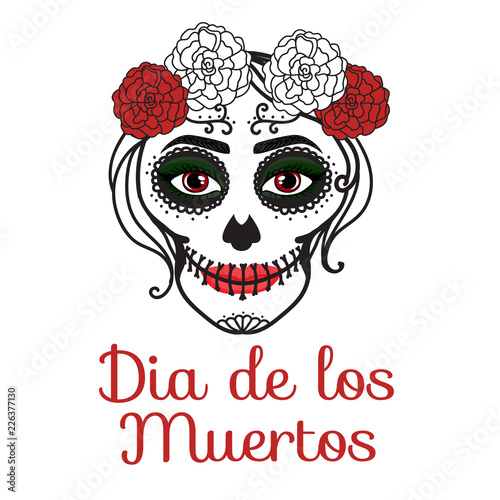 Sign Dia de los muertos. Catrina woman with make up of sugar skull. Mexican Day of the dead. Vector illustration hand drawing