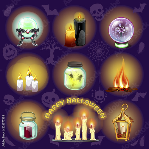The set of objects for witchcraft and spiritualistic seances on purple background. A poster on the theme of the holiday of evil spirit Halloween. Vector cartoon close-up illustration.