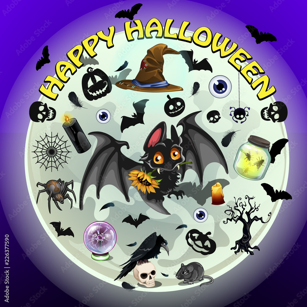 Poster on theme of the Halloween holiday party. Cute bat on background of the full moon and attributes of celebration of the day of all evil spirits of Halloween. Cartoon vector close-up illustration.