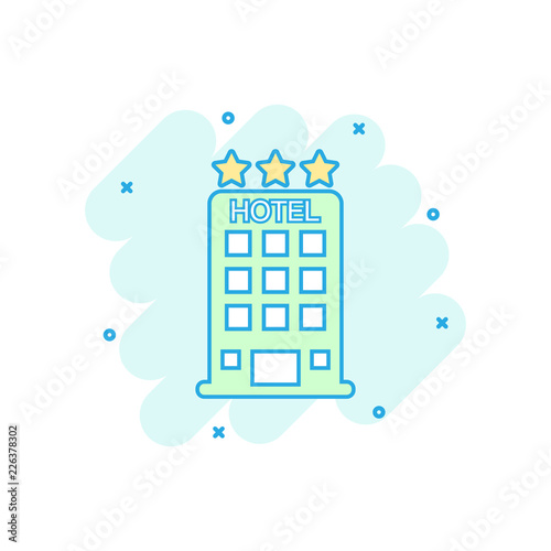 Cartoon colored hotel icon in comic style. Motel rest illustration pictogram. Hotel sign splash business concept.