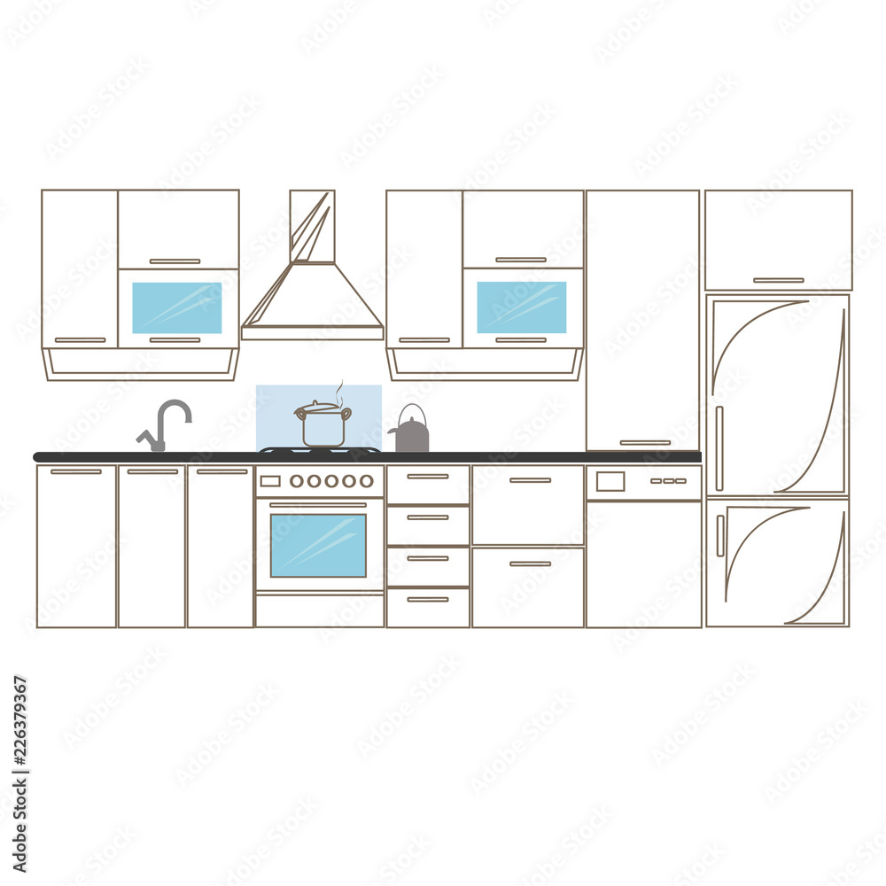 Kitchen interior sketches hand drawing front view. Contour vector