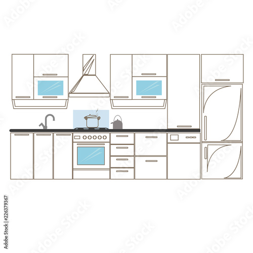Kitchen interior sketches hand drawing front view. Contour vector illustration kitchen furniture and equipment. Cupboard, shelves, dishwasher, fridge.