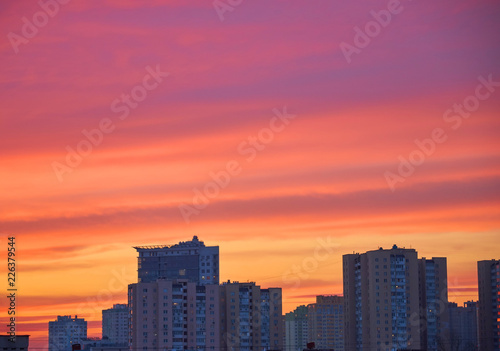 Exterior of the apartment buildings at sunset