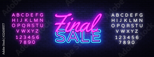 Final Sale concept banner in fashionable neon style, luminous signboard, nightly advertising of sales rebates. Vector illustration for your projects. Editing text neon sign