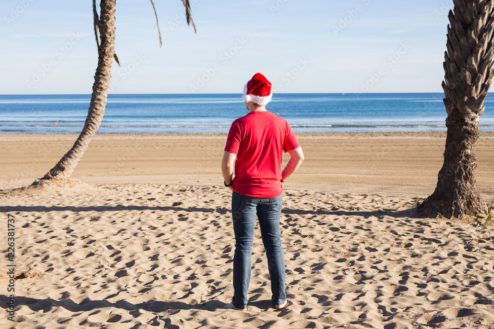 Christmas, humor, holidays concept - Man in Santa hat on the beach, back view