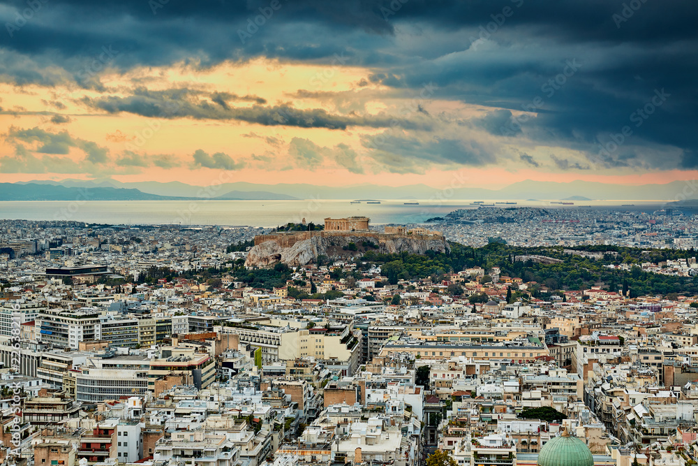 Acropolis of Athens Greece at cloudy sunset