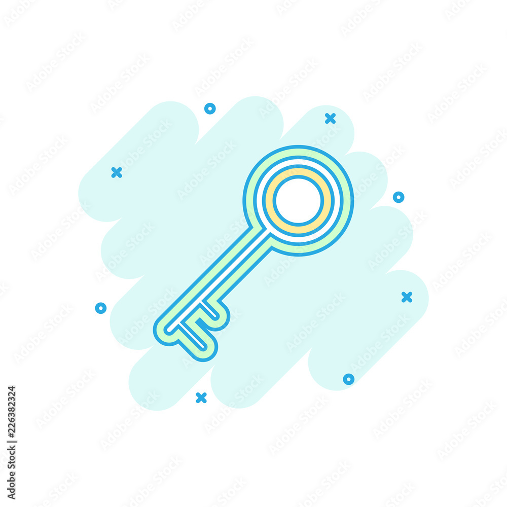 Cartoon colored key icon in comic style. Unlock illustration pictogram. Key sign splash business concept. Cartoon colored key icon in comic style. Unlock illustration pictogram. Key sign splash business concept.