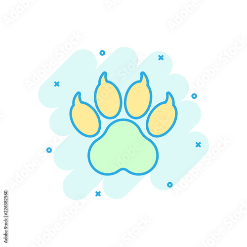 Cartoon colored paw print icon in comic style. Dog, cat, bear paw illustration pictogram. Pawprint sign splash business concept.