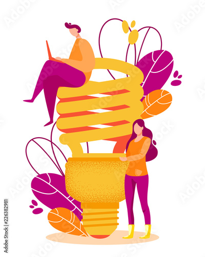 Woman and man with fluorescent lamp in search of new strategy