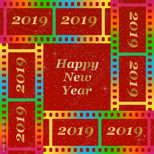 New year greetings for 2019 with colorful blank film and photographic window with golden inscription Happy new year and number 2019 on a background of color film strips