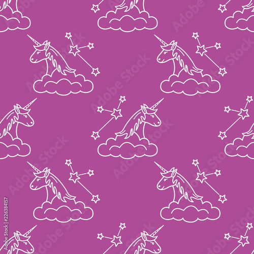 Pattern with magic unicorn, stars, clouds.