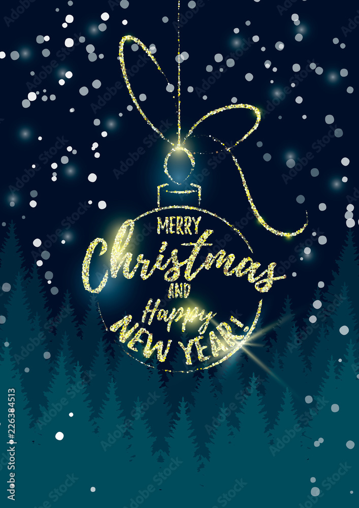Vector illustration of a glitter Christmas ball with Merry Christmas and Happy New Year text on dark Christmas tree background. Christmas design. Vector illustration of a glitter Christmas ball with Merry Christmas and Happy New Year text on dark Christmas tree background. Christmas design.