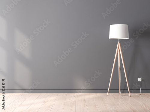 Empty dark gray wall Mockup, living room with modern stylish floor lamp photo