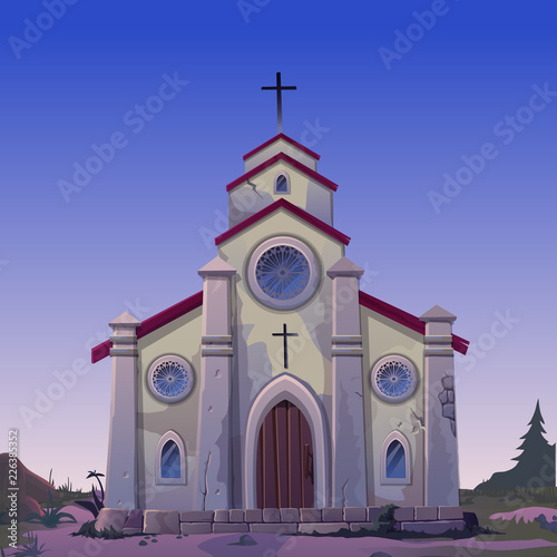 Poster in wild West style. Old made of stone Catholic Church in the night. Vintage architecture in style of wild West. Card on theme of religion. Vector cartoon close-up illustration.