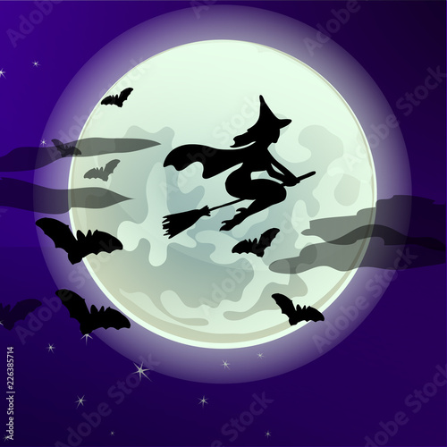 Poster on theme of Halloween holiday party or greeting card with silhouette of a witch flying on a broomstick on the background of the full moon at midnight. Cartoon vector close-up illustration.