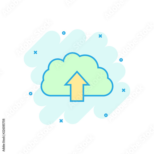Cartoon colored internet cloud icon in comic style. Download illustration pictogram. Cloud sign splash business concept.