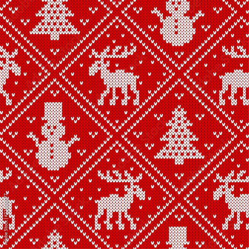 Christmas knit geometric ornament with elks, christmas trees and snowmen. Knitted textured background.