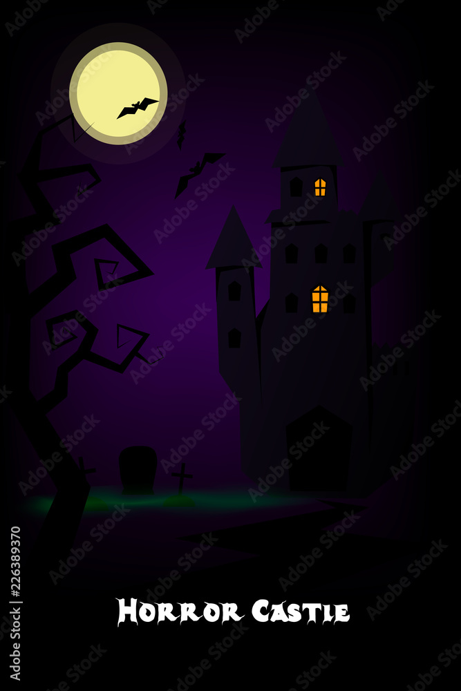 Horror castle in moon night and bats poster