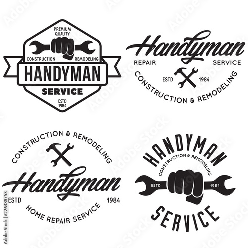 Handyman labels, badges, emblems, design elements. Tools silhouettes. Carpentry related vector vintage illustration.