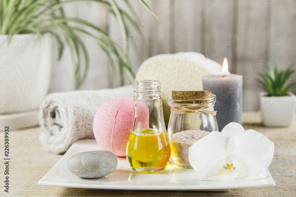 Premium Photo  Cozy spa composition of aroma of candles and bath towels,  soap. body care and hygiene concept.