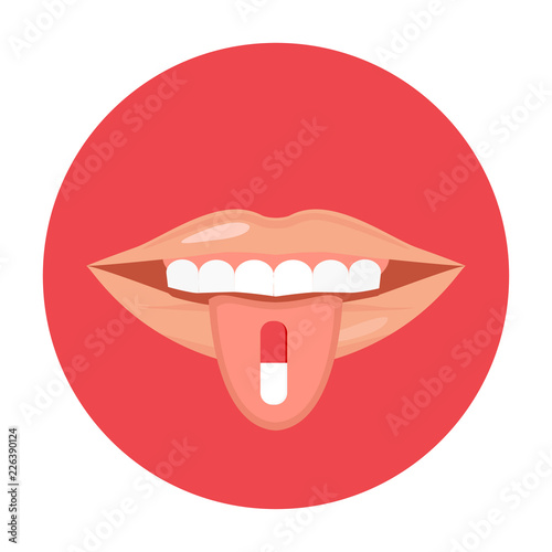 Concept illustration of the medicine  tablet  pill on tongue design icon