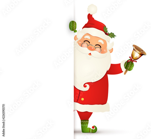 Happy smiling Santa Claus standing behind a blank sign, showing on big blank sign. Cartoon Santa Claus character with jingle bell and white copy space. Santa clause. vector illustration.