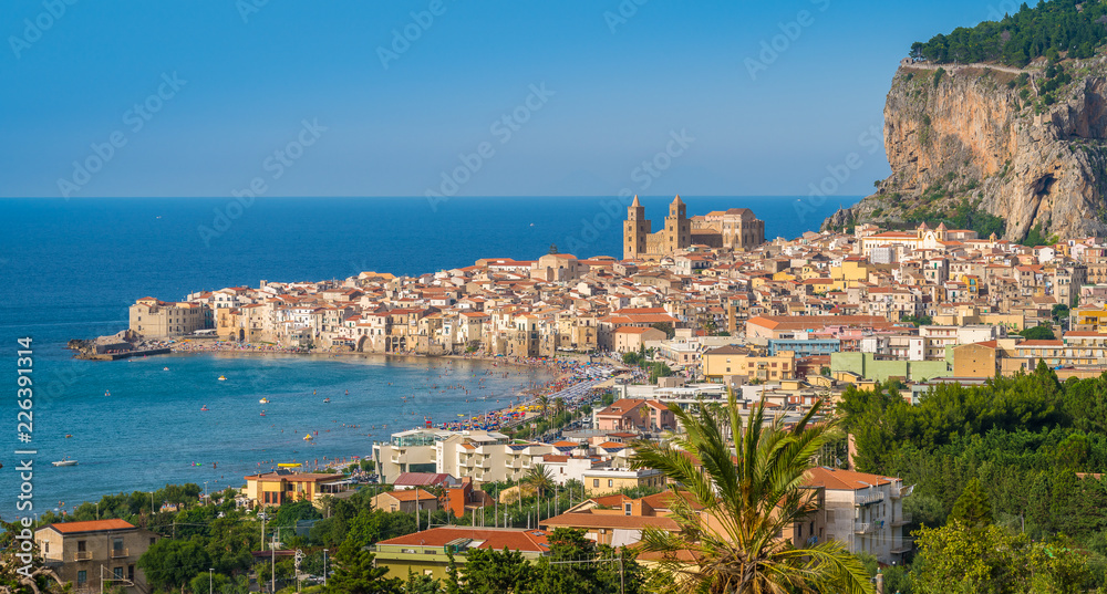 Panoramic view of Cefalù in the summer. Sicily (Sicilia), southern Italy.