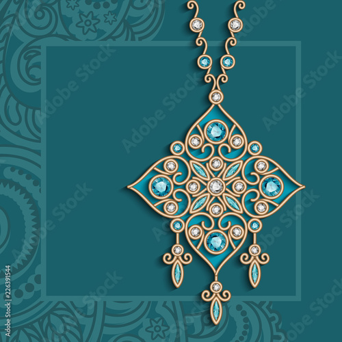 Vintage gold jewelry necklace on emerald background
