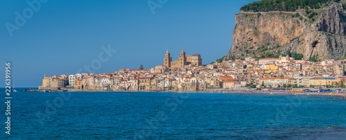Panoramic view of Cefalù in the summer. Sicily (Sicilia), southern Italy.