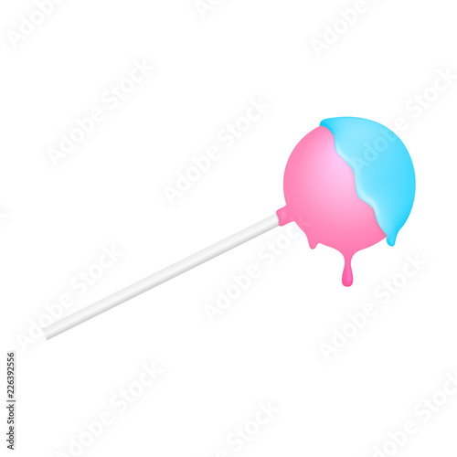 Melted pink lollipop with blue caramel. Vector cake pop illustration with dripping drop.