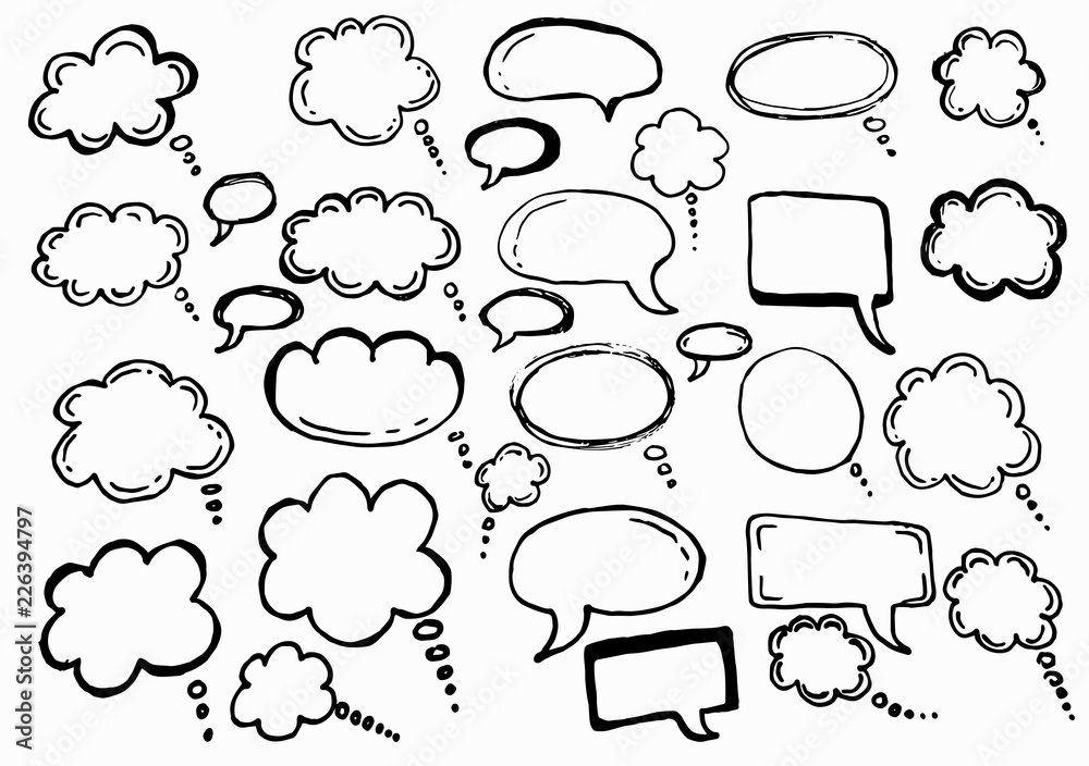 Obraz premium Doodle chat cartoon bubbles. Hand drawn vector set. Isolated on white background