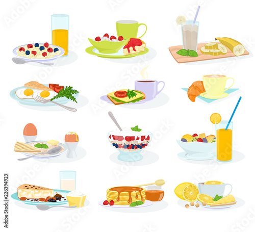 Breakfast vector morning food healthy meal egg cereal cake and pancake with orange juice and coffee illustration set of breakfast table in hotel restaurant isolated on white background