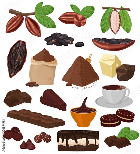 Chocolate vector cartoon cocoa choco sweet food from coco-beans cake confecti...