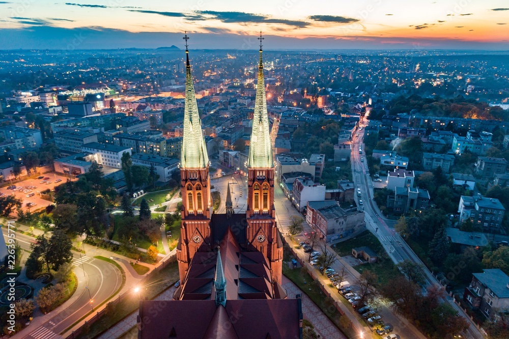 Aerial drone view on Basilica and city center in Rybnik.