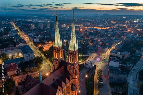 Aerial drone view on Basilica and city center in Rybnik.