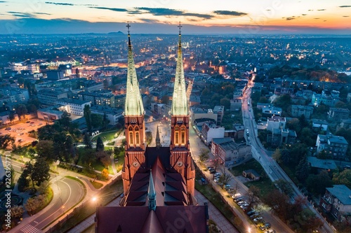 Aerial drone view on Basilica and city center in Rybnik.