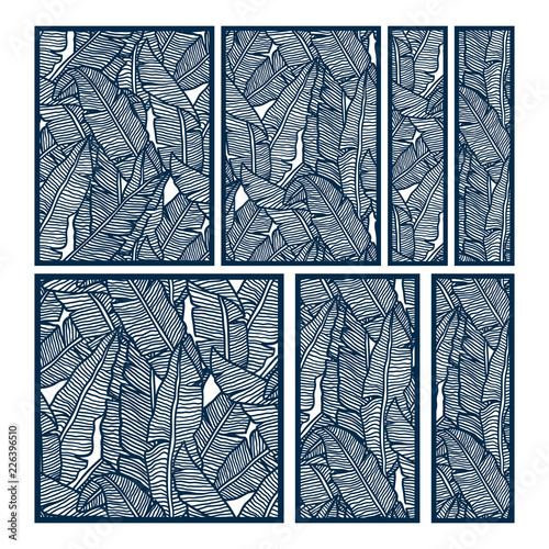Laser and die cut ornamental panels template set with pattern of banana leaves. Ratio 1:1, 1:2, 1:3, 2:3, 3:4. Cabinet fretwork panel. Lasercut metal panel. Wood carving.