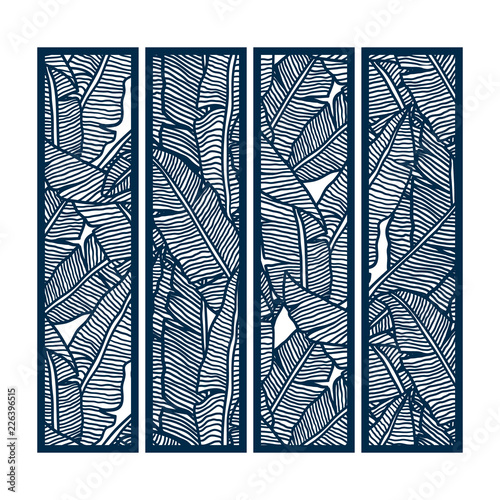 Die and laser cut ornamental panels with floral pattern of banana leaves. Laser cut decorative lace borders patterns. Set of bookmarks templates.
